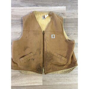 Vtg Carhartt Canvas Work Vest Jacket 3XL Tan Brown Sherpa Lined Thrashed Stains